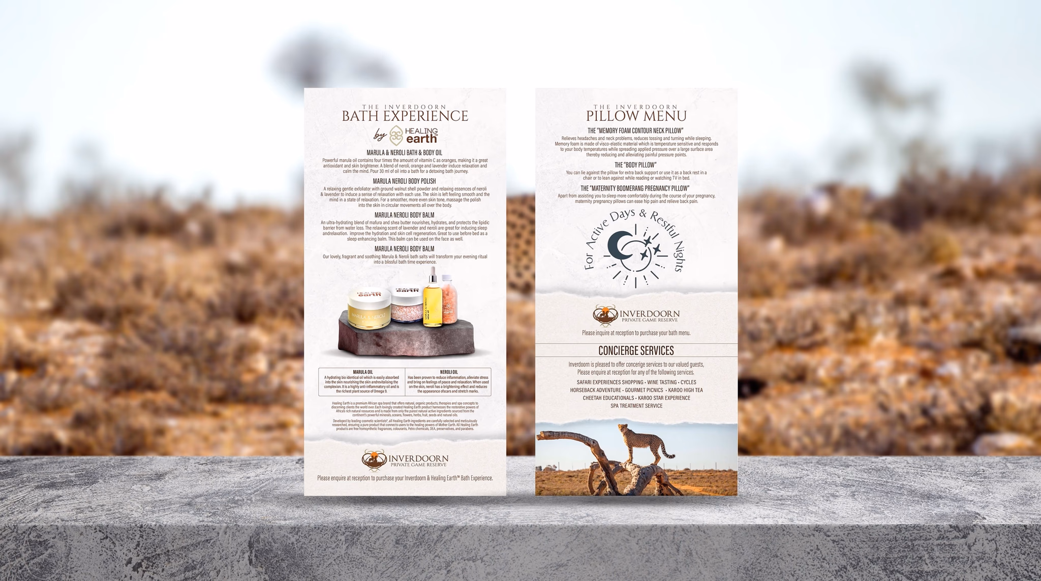 Aquila Collection spa and pillow menu design
